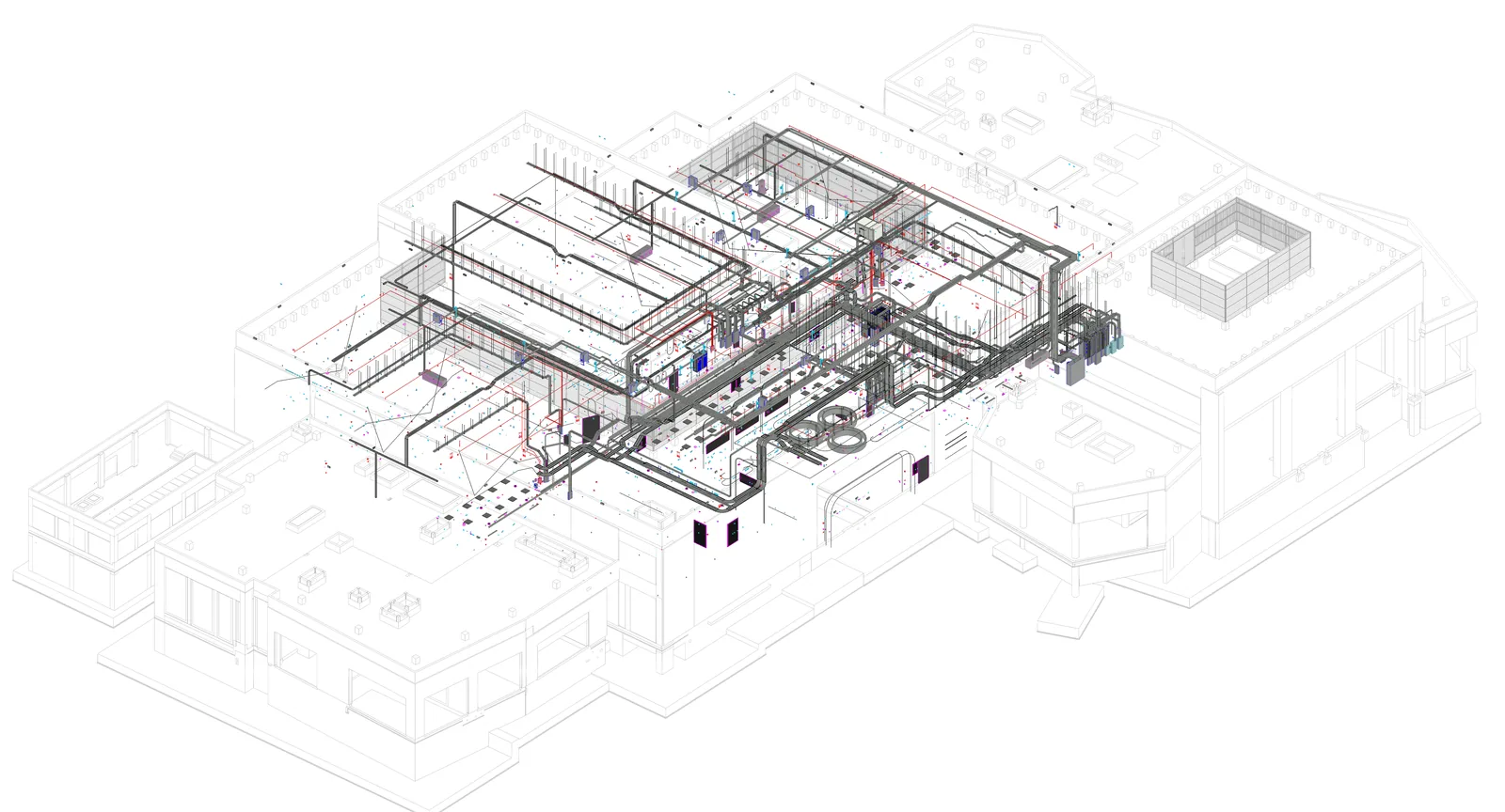 3D view of the Taif cinema electrical model: containment loops above the halls, the electrical room with its panels, and feeders at ground level